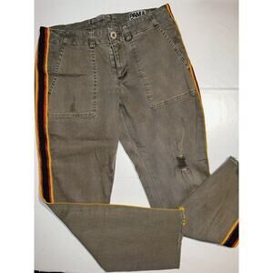 PAM & GELA PANTS OLIVE GREEN DISTRESSED SIDE STRIPE STRAIGHT LEG CROPPED SIZE 27